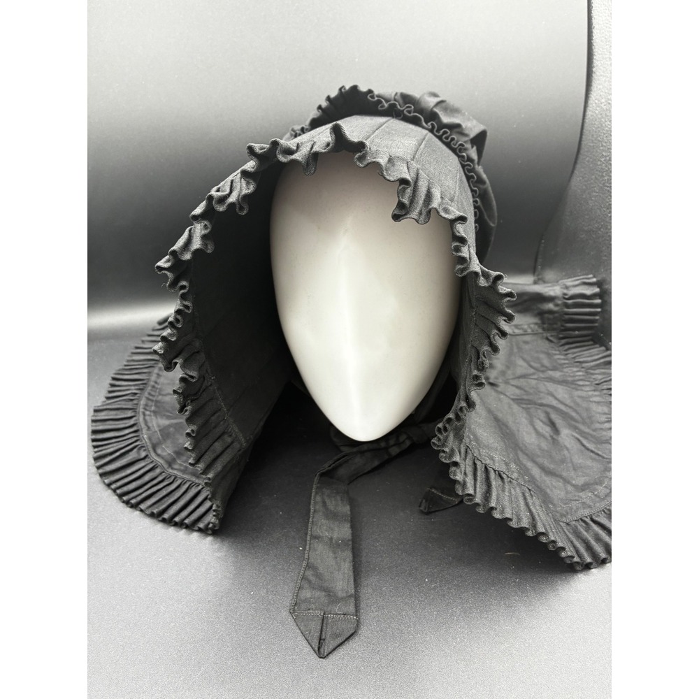 Black Slat Bonnet Prairie Pioneer Ruffle Sun Hat Historical Reenactment Tie